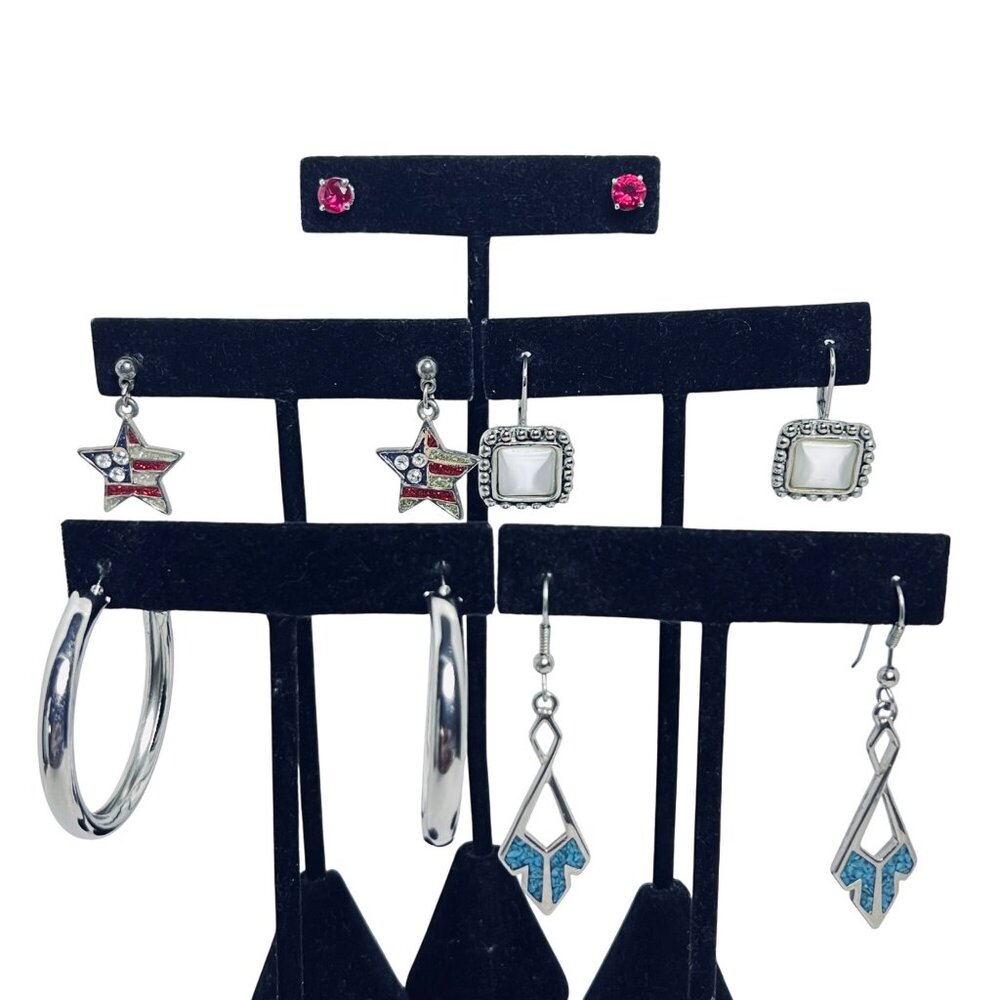 Lot Of 5 Silver Tone Pierced Earrings With Hoops Studs & Dangles (5839)